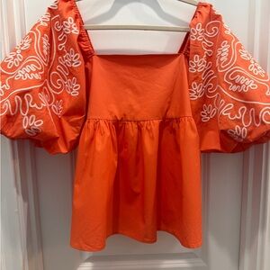 THML Vibrant Orange Blouse with White Embroidery NWOT L